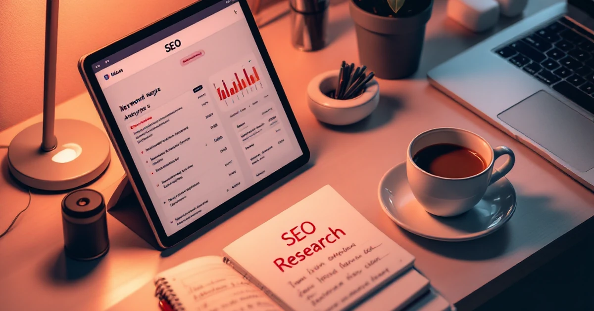 Isometric digital workspace with tablet and notebook for SEO research.