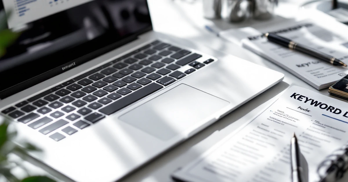 Laptop with keyword lists and globe for SEO planning.