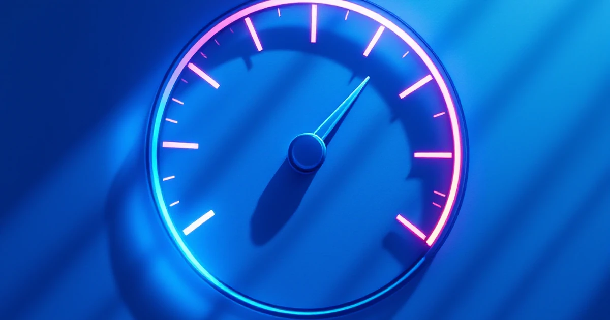 Speedometer graphic on blue background symbolizing fast web hosting speed.