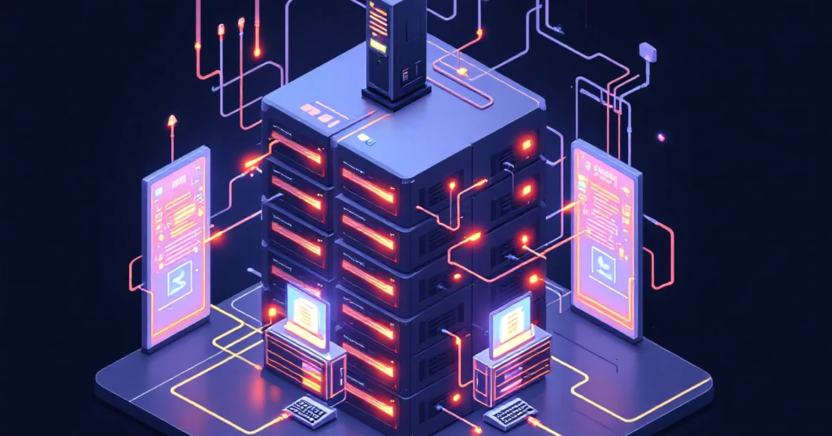 Isometric server room illustration with glowing lights for storage and bandwidth.