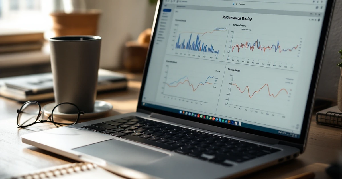 Laptop with performance graphs, notepad, and coffee cup on a workspace desk.