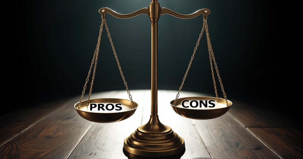 Scale balancing pros and cons symbols on a dark wooden surface.