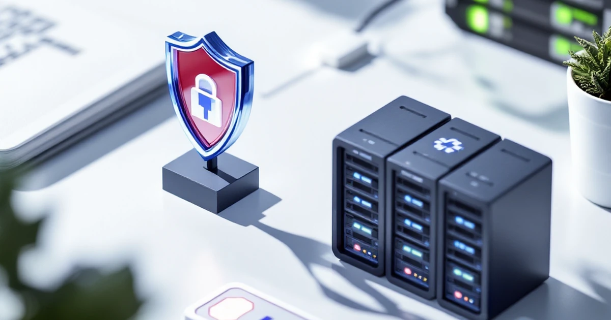 Web hosting tools like firewall icon and data center model on a modern desk.