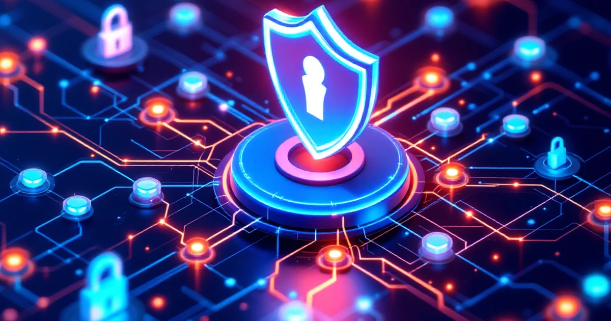 Isometric view of digital security network with shield and lock symbols.