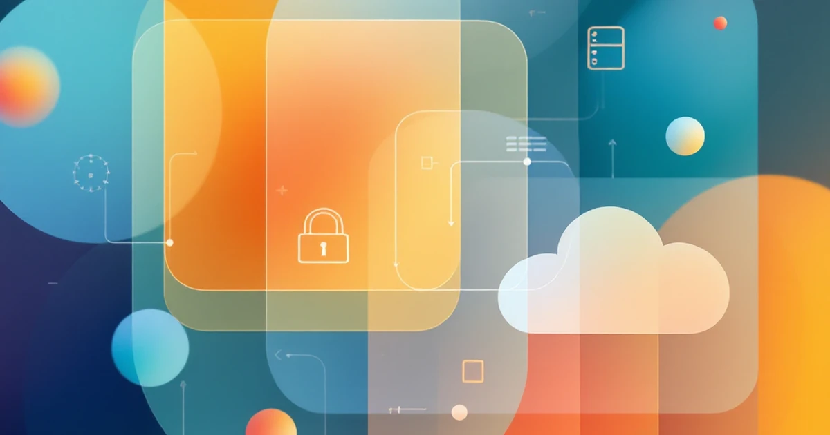 Abstract layers with lock, cloud, and server icons in vibrant colors.