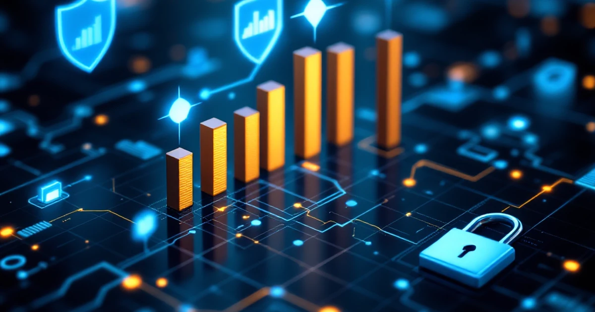 Comparison metrics with bar graphs and security icons on a digital grid.