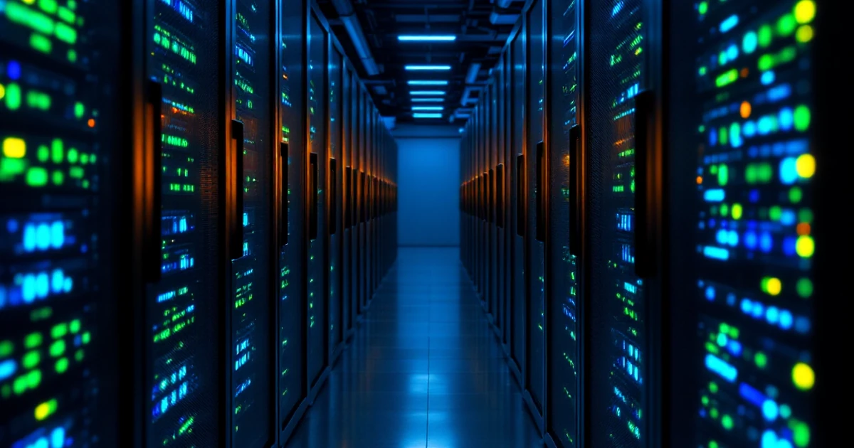 Web hosting data center with glowing servers.
