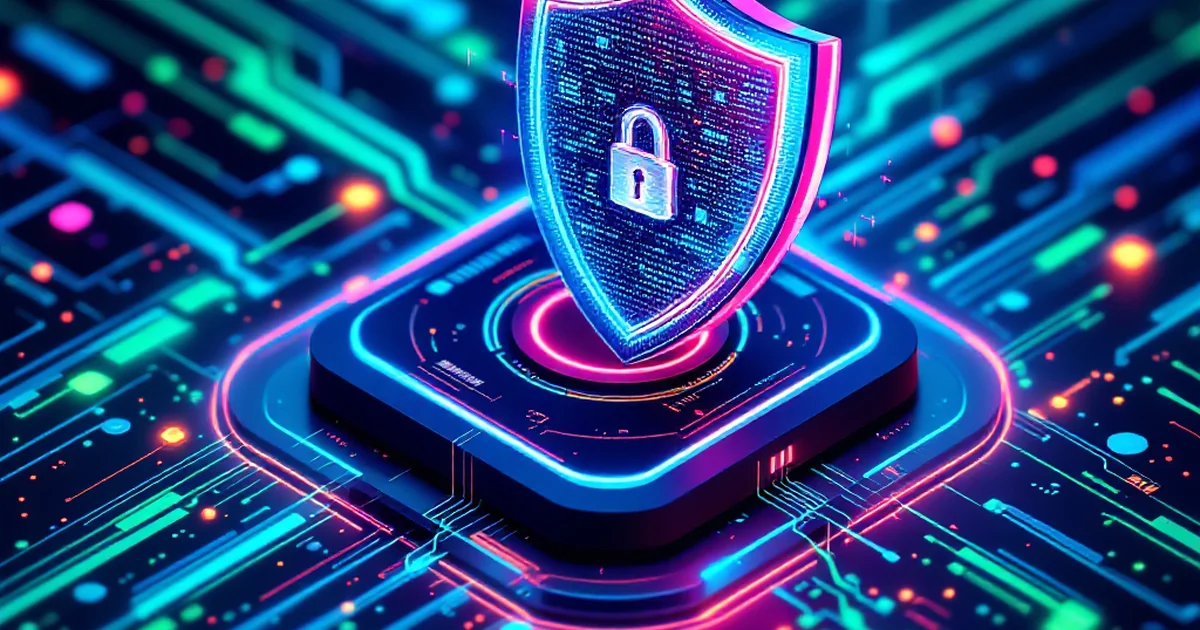 Digital security shield with abstract data streams.