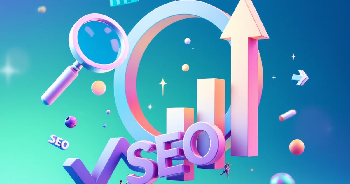 Abstract digital SEO symbols like a magnifying glass and bar graph on a gradient background.