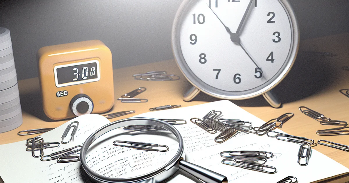 Desk with SEO troubleshooting tools including notes, paper clips, and a clock.