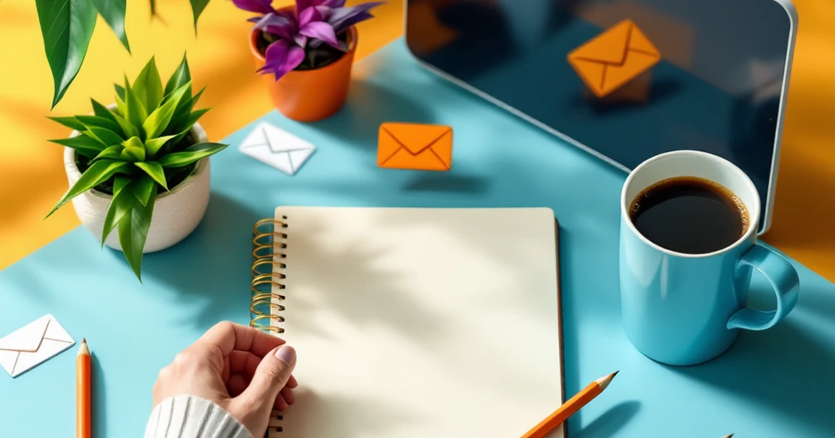 Isometric view of workspace with notepad and coffee, email icons in background.