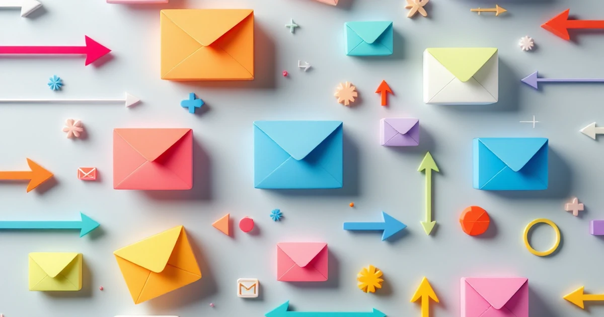 Abstract image of colorful email icons and arrows on gray background.
