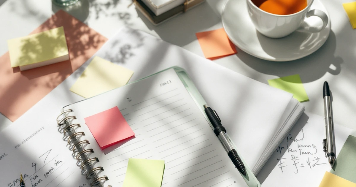 Desk with planner, sticky notes, and tea cup, suggesting email planning.