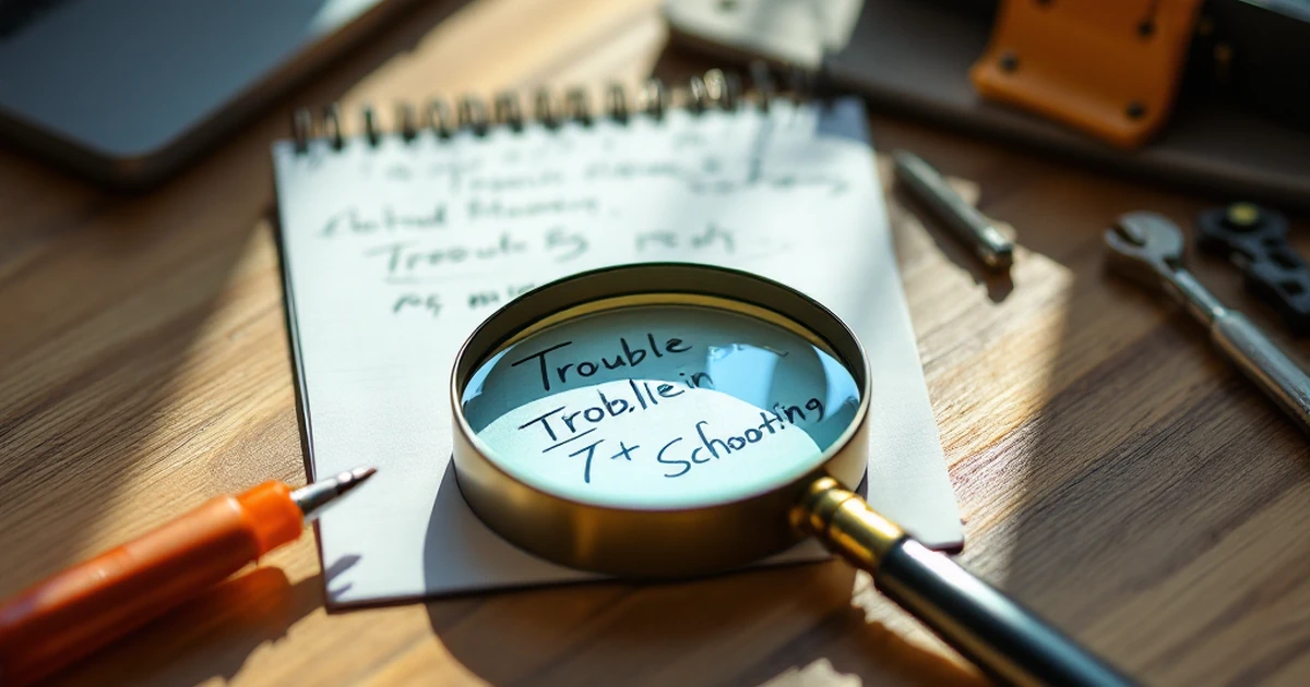 Troubleshooting tools on wooden table, featuring magnifying glass and notepad.