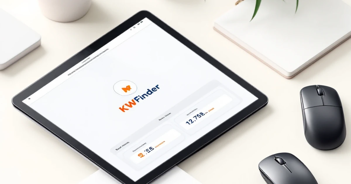 Isometric view of keyword research tools with tablet, mouse, and notebook.