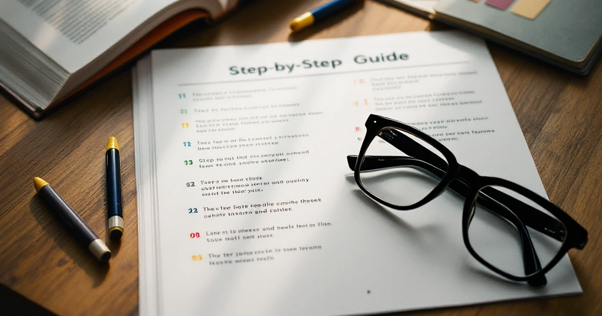 Step-by-step guide layout with printed steps, markers, and glasses on a wooden table.