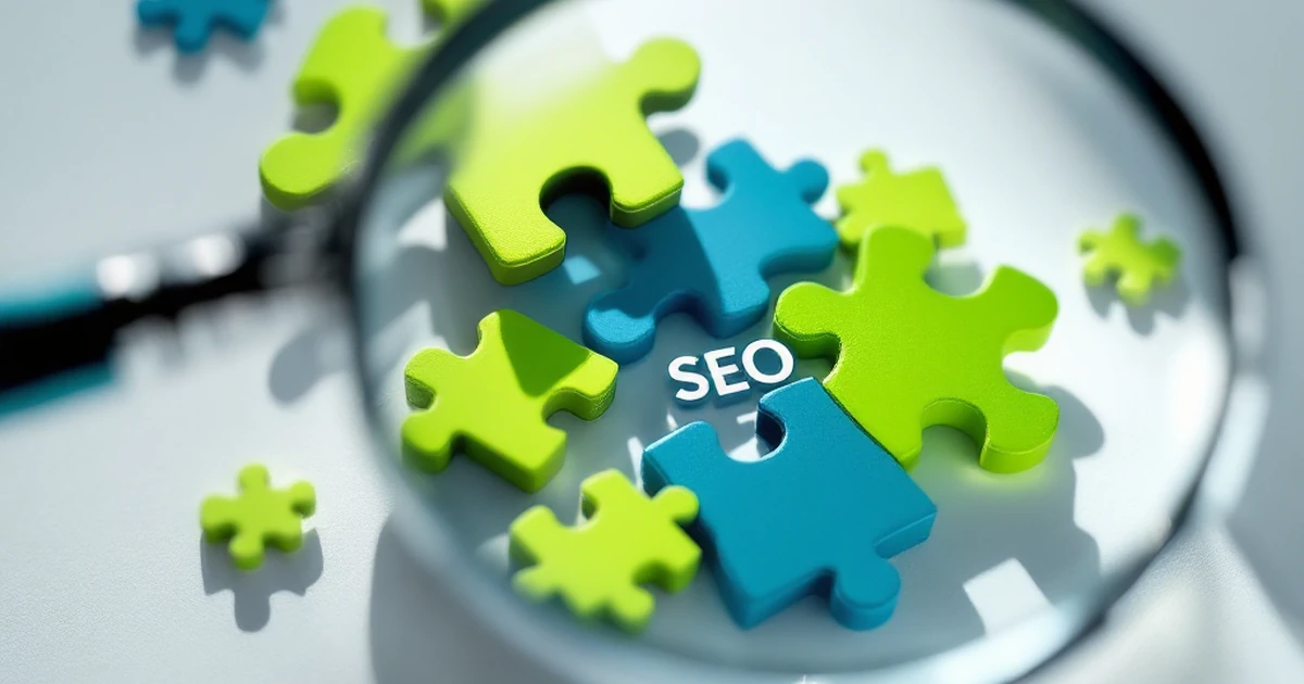 Abstract image of jigsaw pieces and magnifying glass representing SEO troubleshooting.