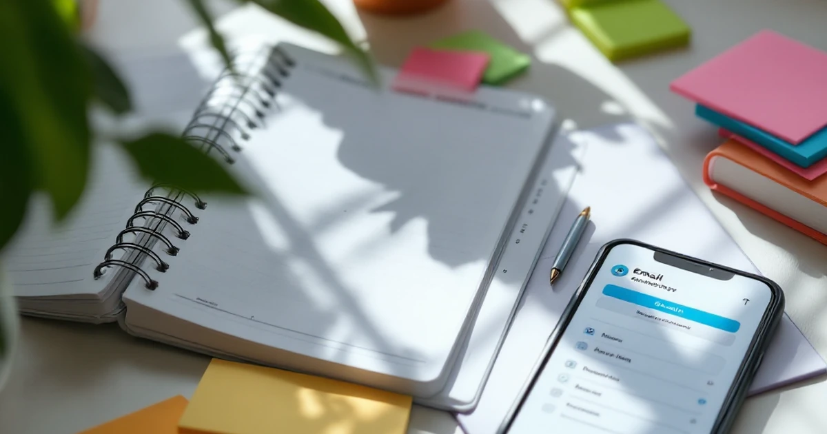 Planner and smartphone with email app and sticky notes on a desk.