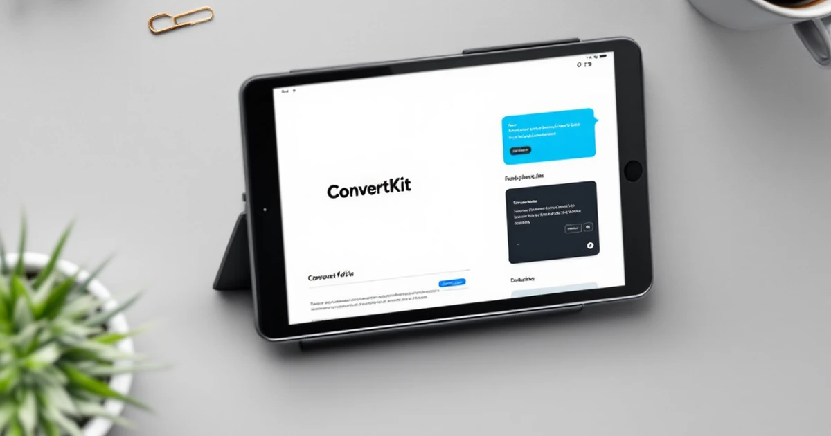 ConvertKit interface on a tablet with coffee mug and paperclips on a desk.
