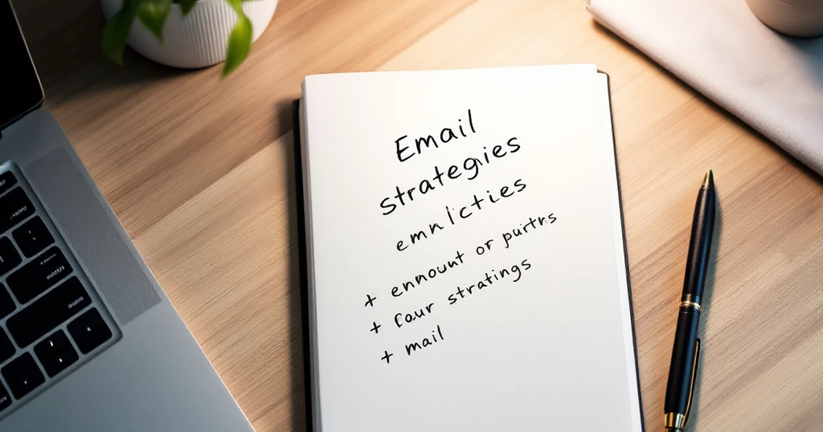 Workspace with notepad, keyboard, and plant for email strategies.