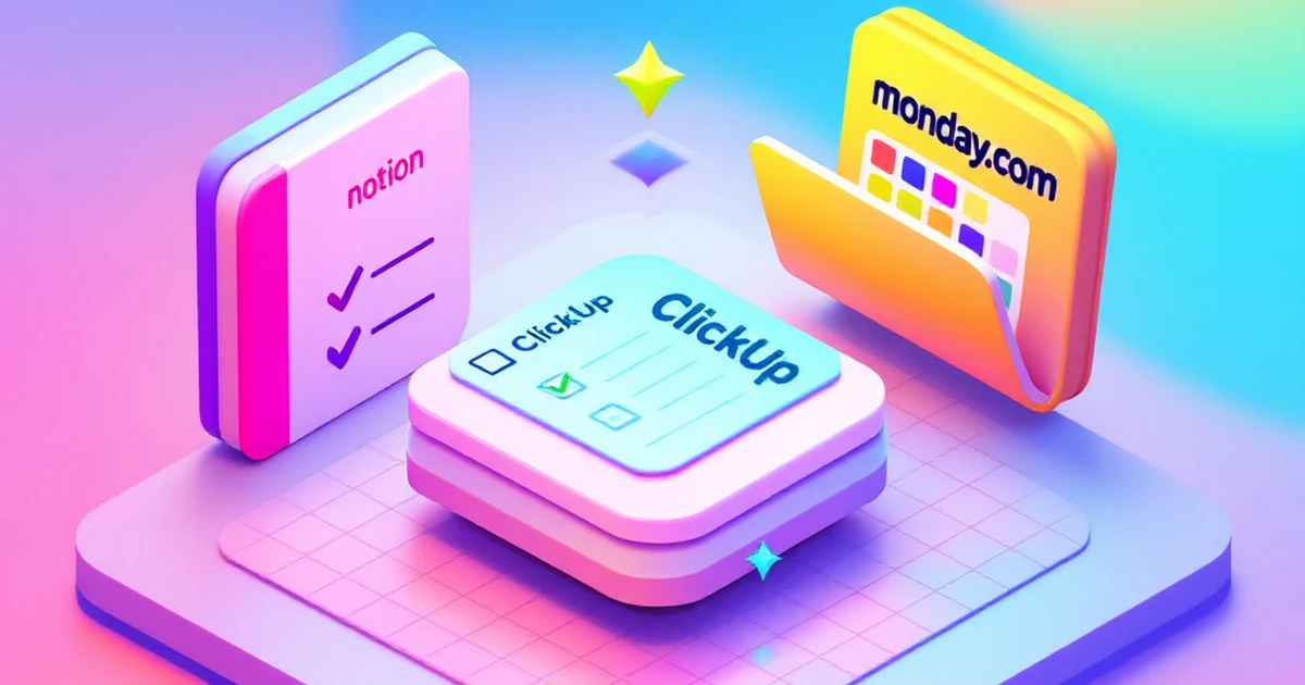 Isometric illustration of Notion, ClickUp, and Monday.com icons on graph paper.