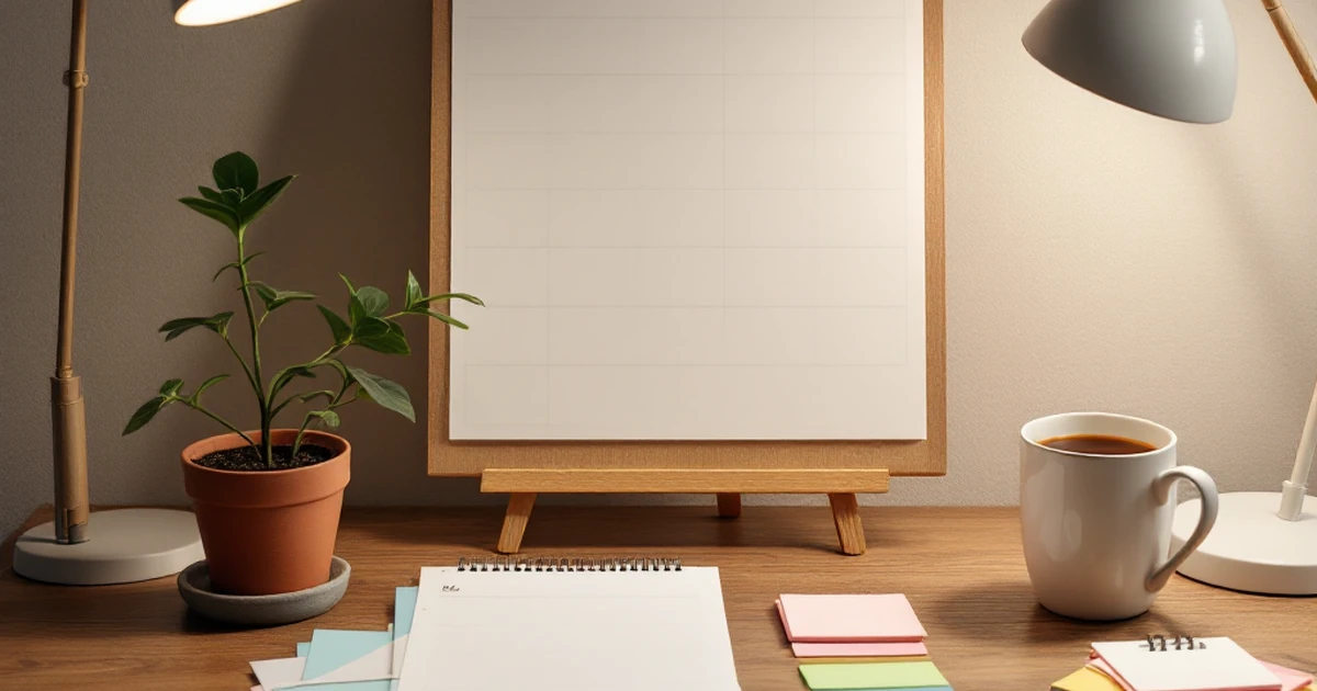 Workspace with a calendar, task cards, and plant, representing productivity tool use cases.