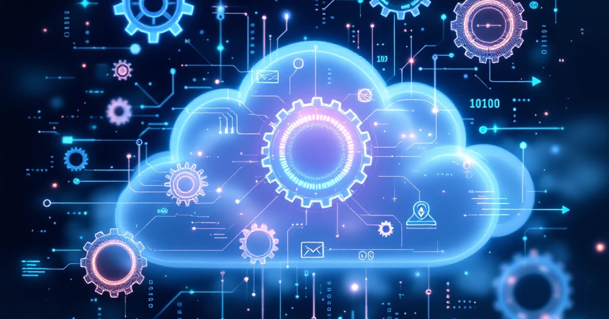 Abstract image of AI technology symbols in a digital cloud.