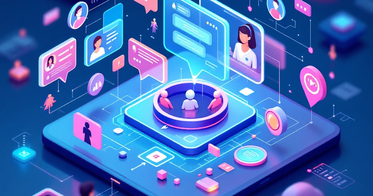 Isometric image of SmartChat software interface elements.