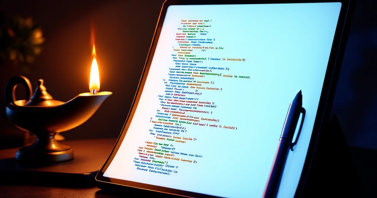 Conceptual representation of CodeGenie AI tool with genie lamp and code.