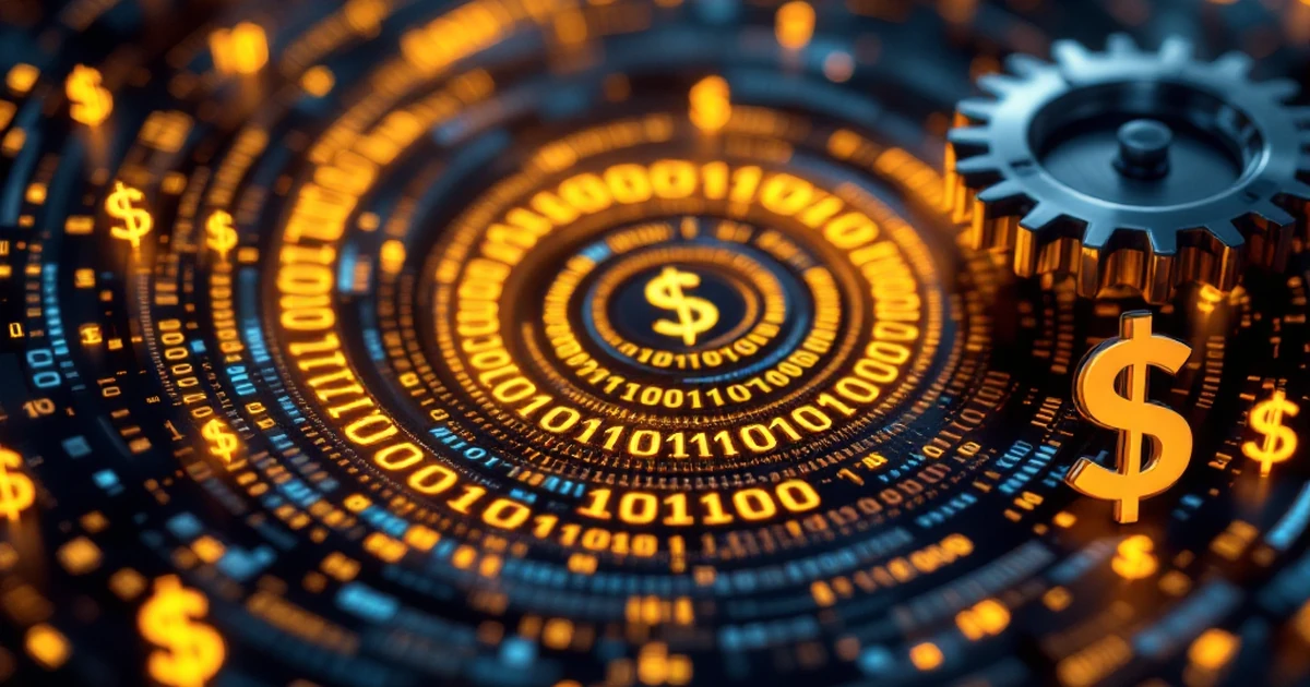 Abstract representation of budget AI tools with binary code and dollar signs.