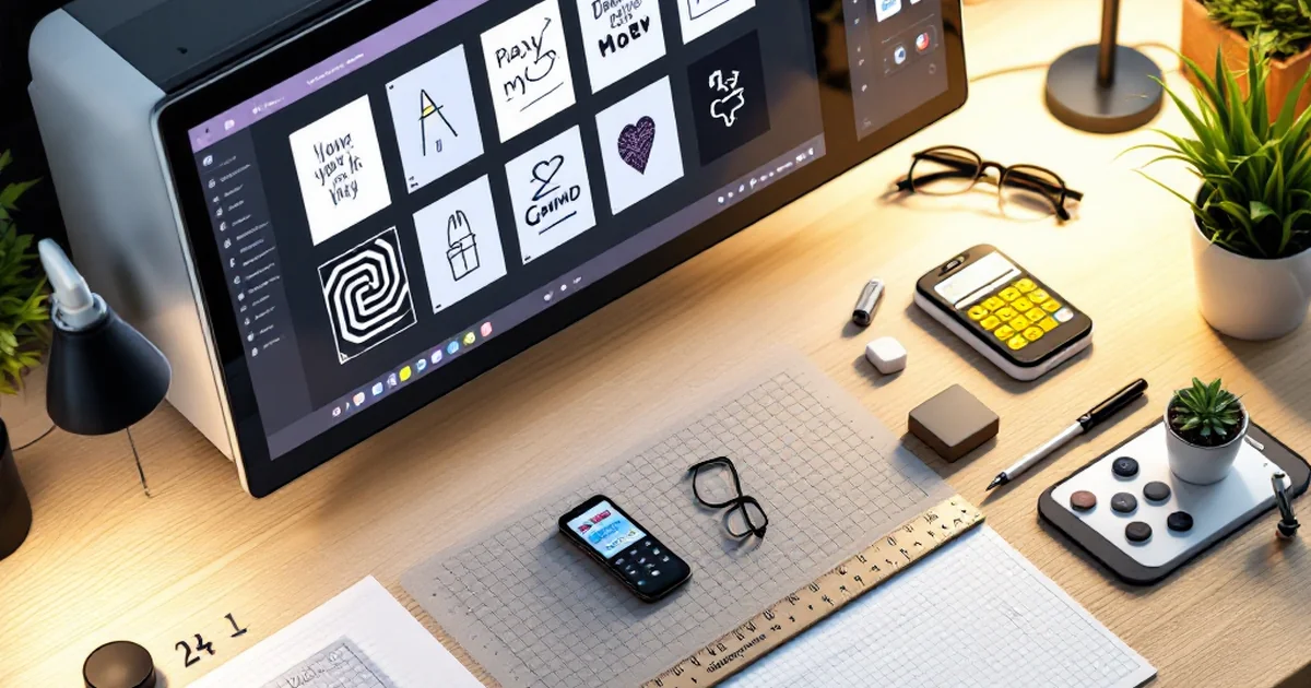 Isometric view of ArtBot workspace with digital screen and design tools.