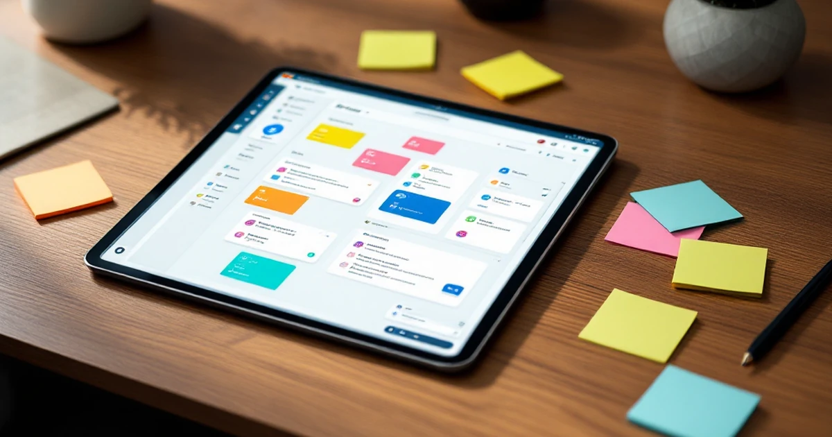 TaskMaster Pro interface with icons and sticky notes.