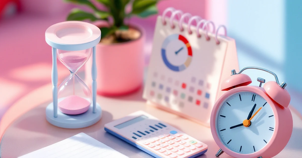 Isometric view of time management tools with hourglass and clock.