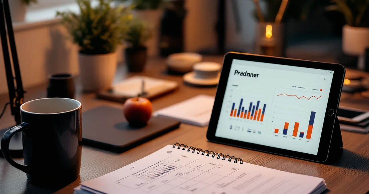 Workspace with planner, tablet, and coffee mug under warm lighting.