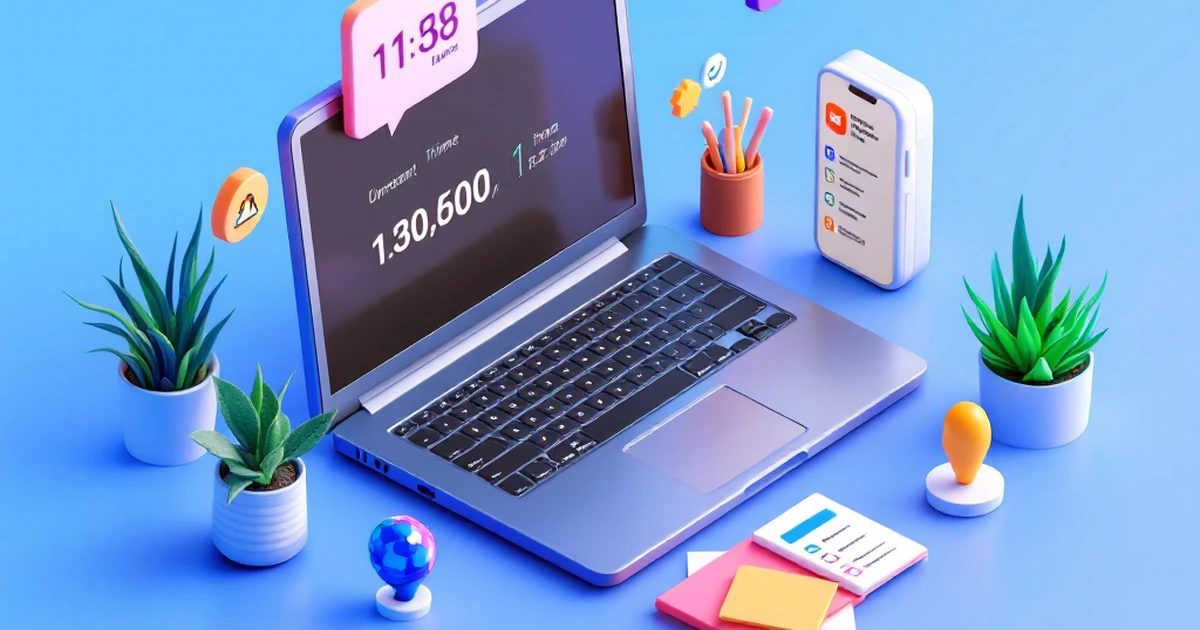 Isometric illustration of FocusMate tool with a virtual workspace and timer.