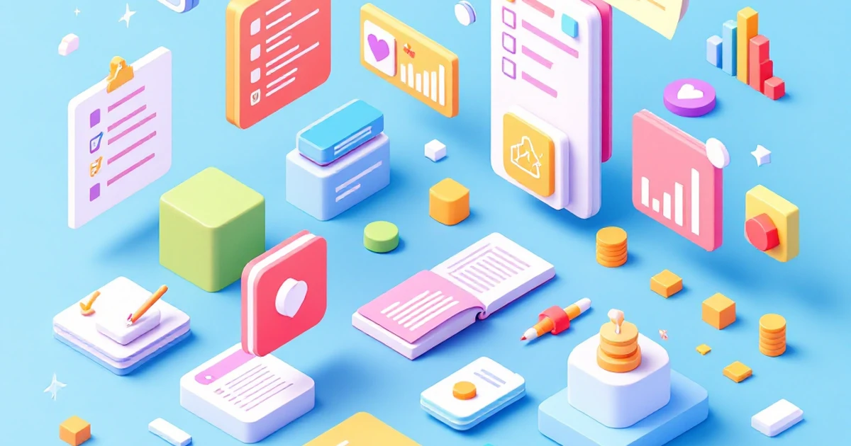 Isometric view of productivity tools like Todoist and Trello in a colorful layout.