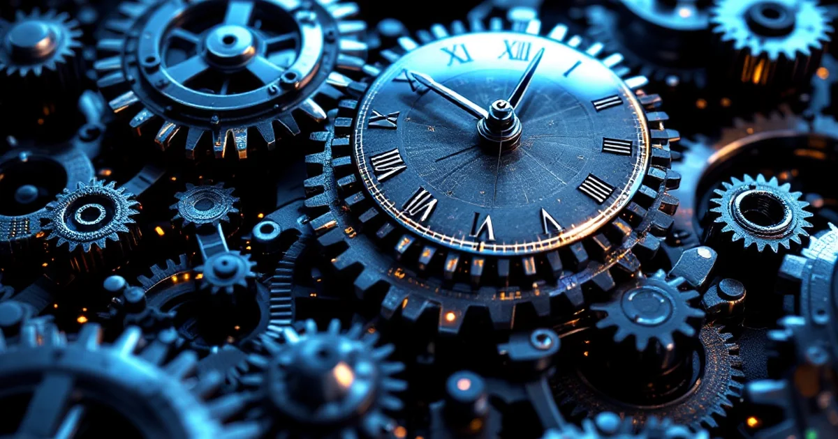 Abstract image of gears and clock elements symbolizing digital task management.