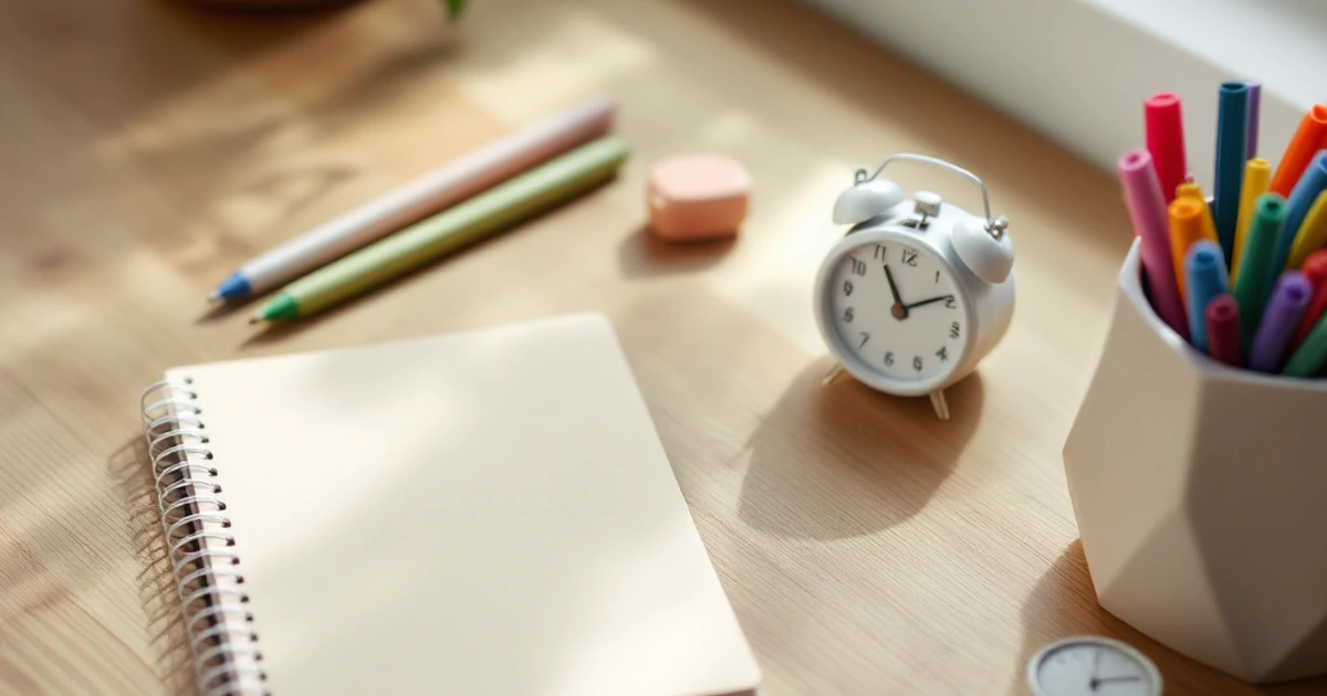 Budget-friendly time management tools with planner, pens, and timer on wood surface.