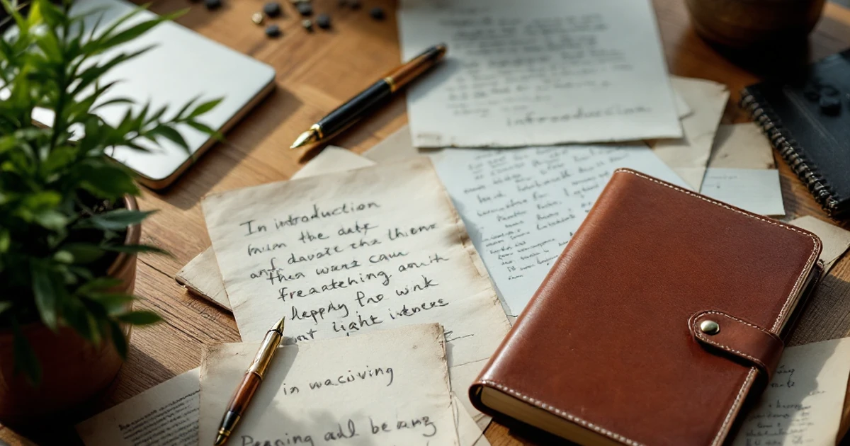 Editorial view of a classic writer's desk with pen, journal, and notes.