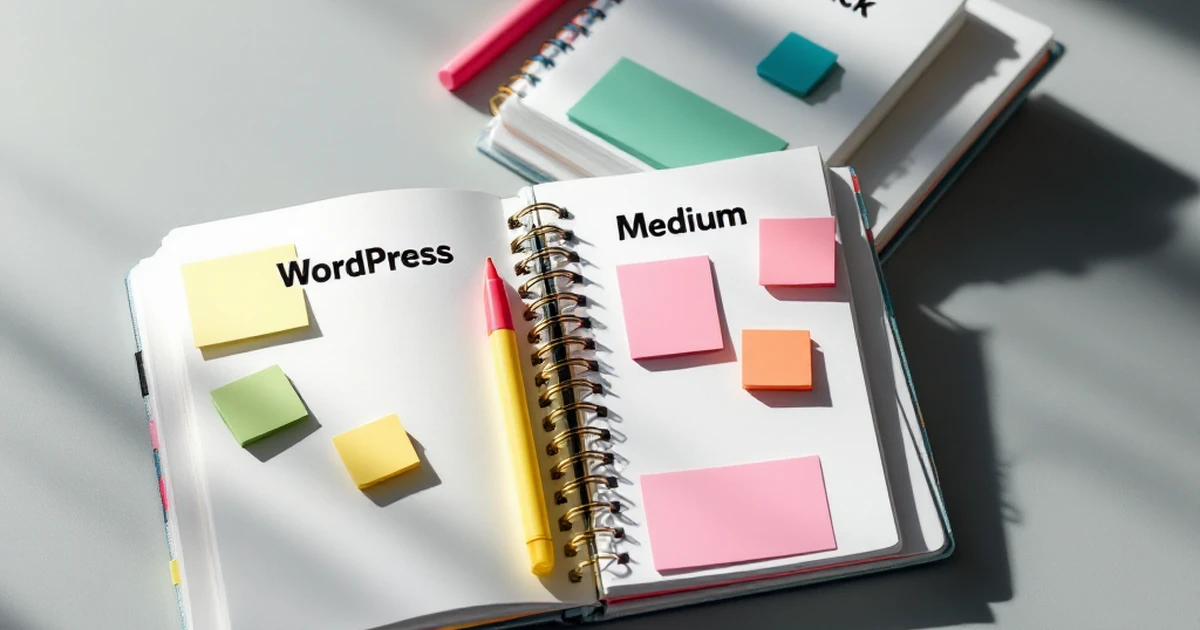 Isometric view of notebooks labeled for WordPress, Medium, and Substack with sticky notes.