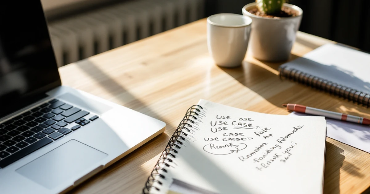 Workspace with laptop, notebook, and mug for use case recommendations.