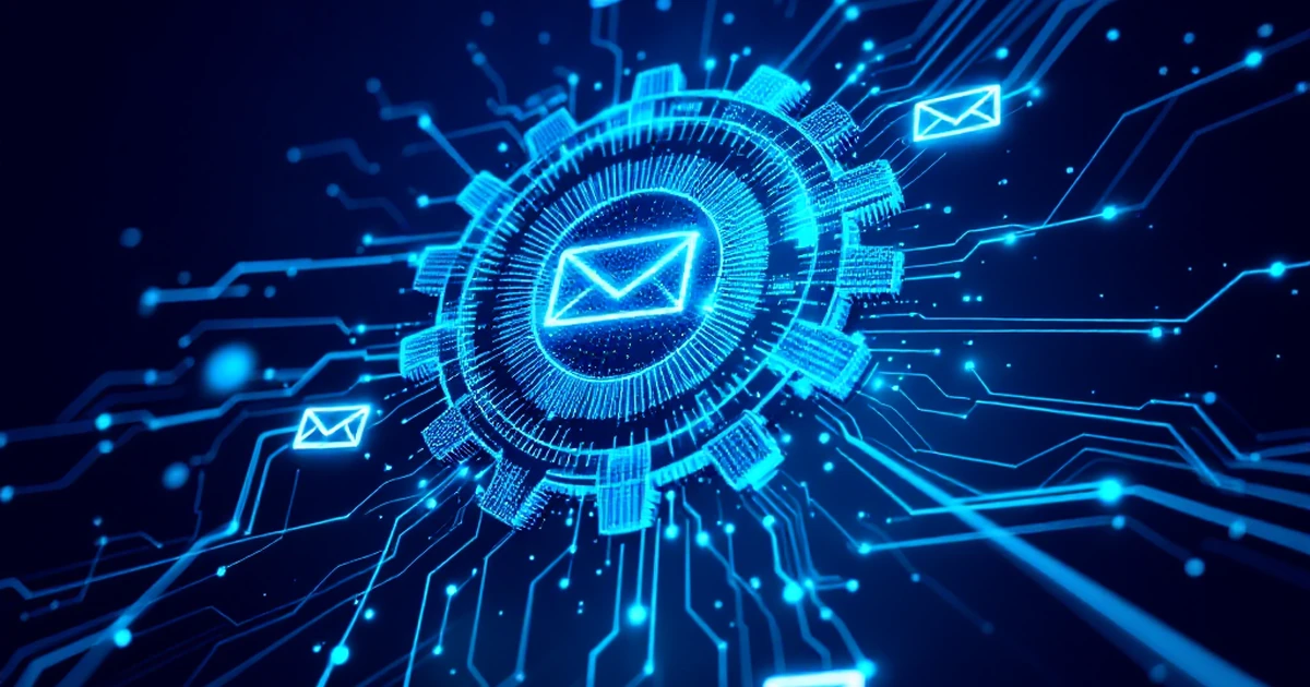 Abstract representation of email automation with gears and digital networks.