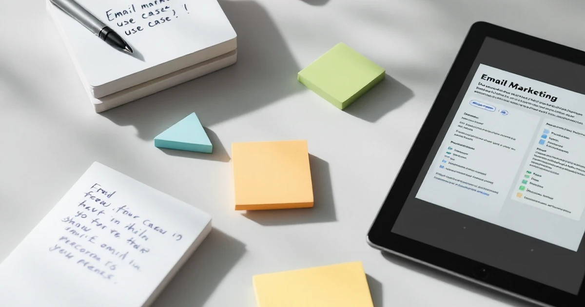 Items representing email marketing use cases, including notepads and tablet.