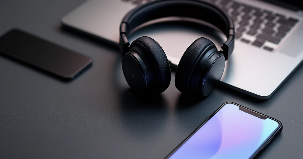 Tech gear including laptop, headphones, and smartphone for AI content creation