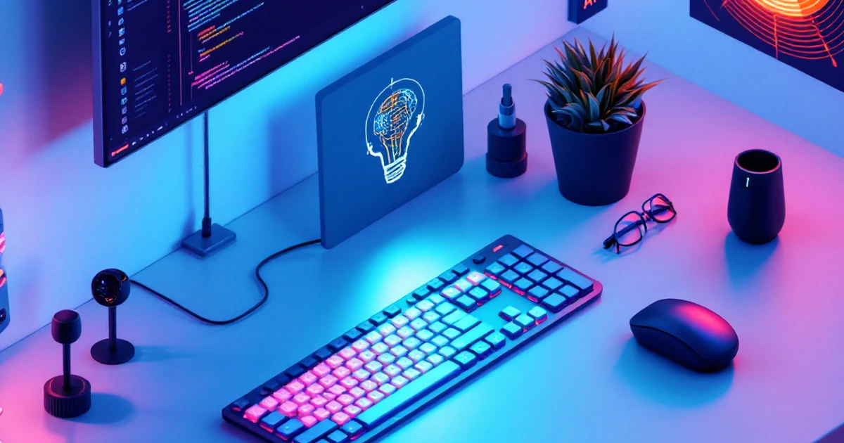 Isometric view of a workspace with AI coding gadgets and LED lights.