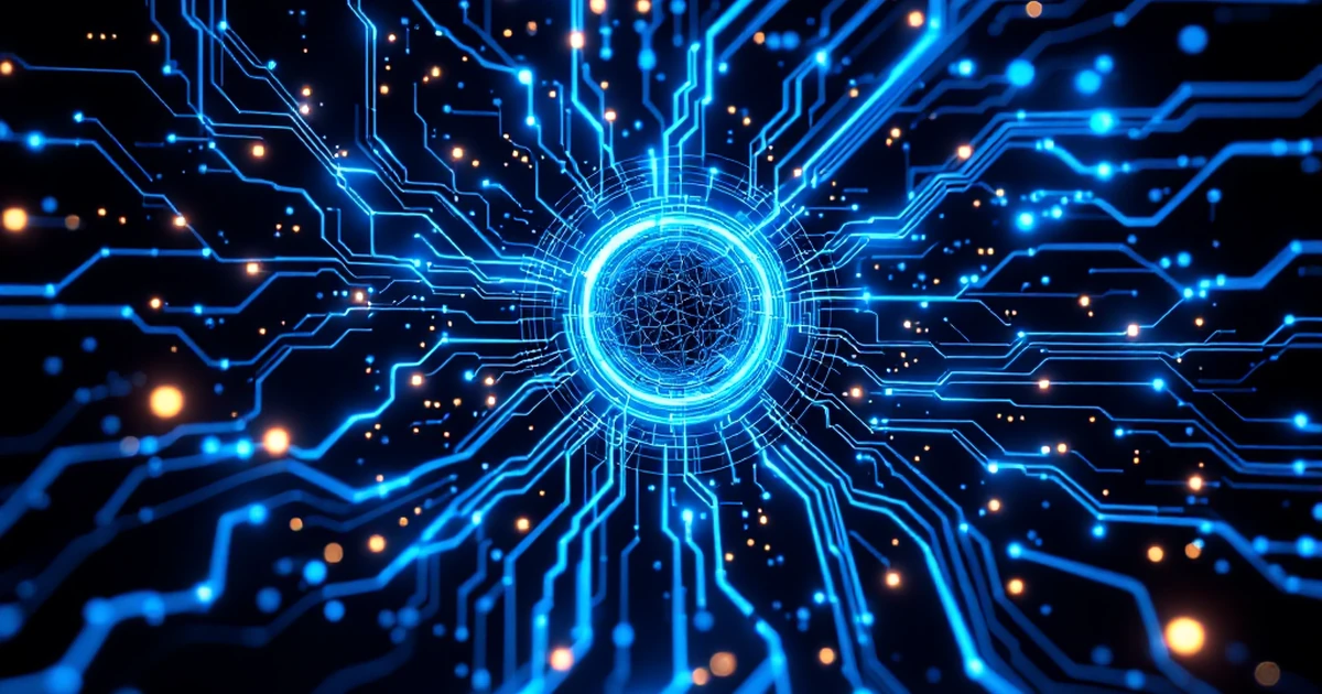 Abstract image of glowing blue lines and circuit patterns symbolizing AI coding.