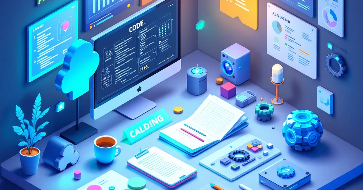 Isometric view of a workspace with AI coding tools and gadgets.