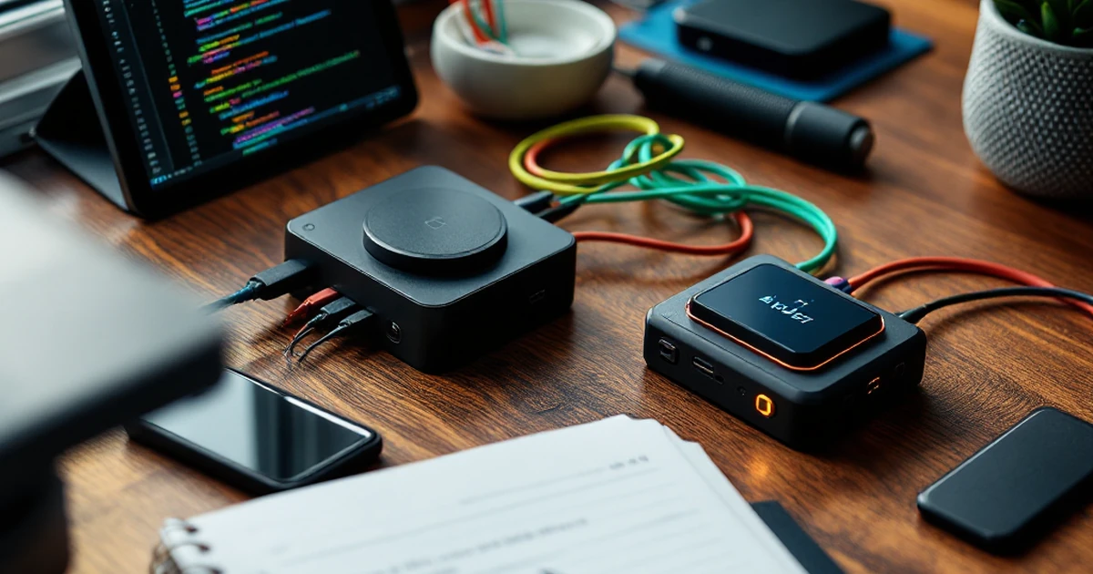 Product photo of mid-range AI coding tools on a walnut desk with wires and code journal.