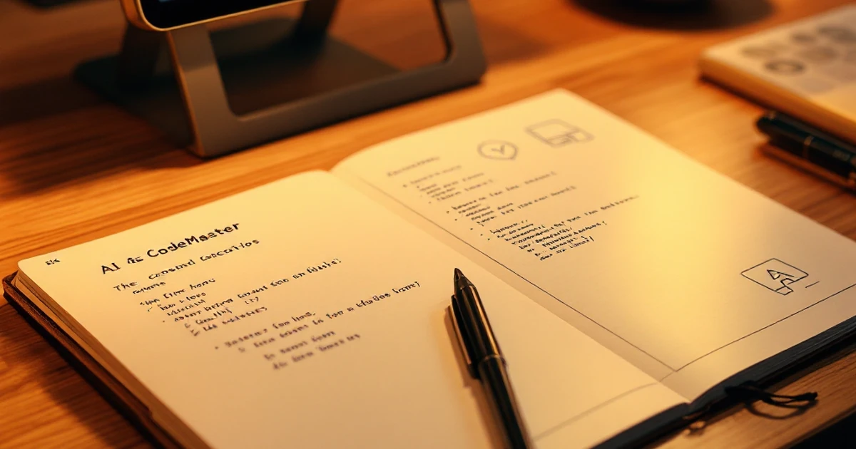 Workspace with notebook and digital symbols highlighting AI CodeMaster.