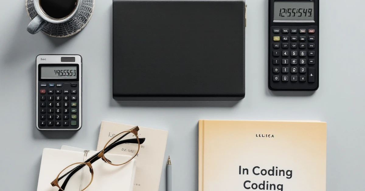 Flat lay of budget-friendly coding tools on grey surface with calculator and guidebook.